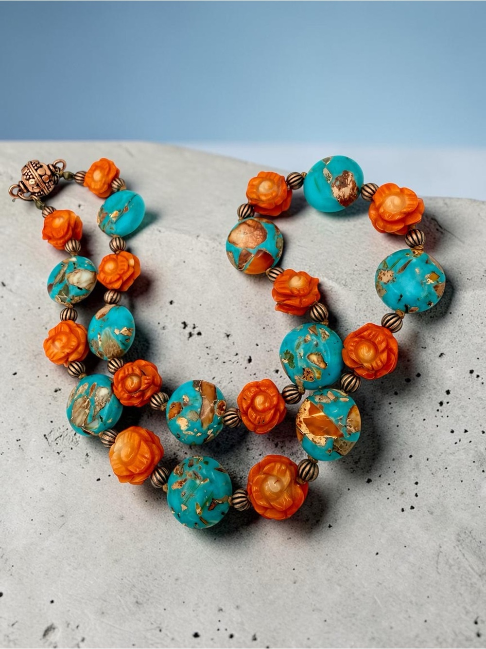 Artisan Hand Knotted Emperor Jasper Carved Coral floral bead Copper Necklace 18” - Picture 13 of 17